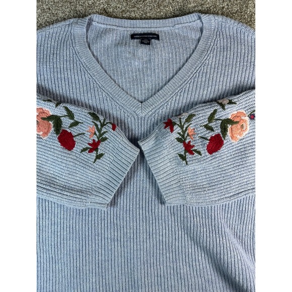 American Eagle Outfitters Sweaters - American Eagle Floral Embroidered V-Neck Sweater Blue Ribbed Knit Size Large